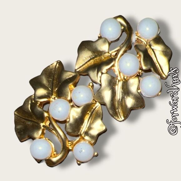 Vintage Gold-Tone Leaf and White Accented Stud Earrings - Picture 7 of 11